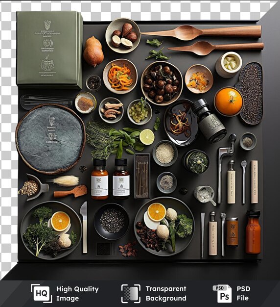 Transparent background with isolated gourmet vietnamese cooking set featuring a variety of bowls spoons and utensils including a brown egg orange bottle and wood spoon