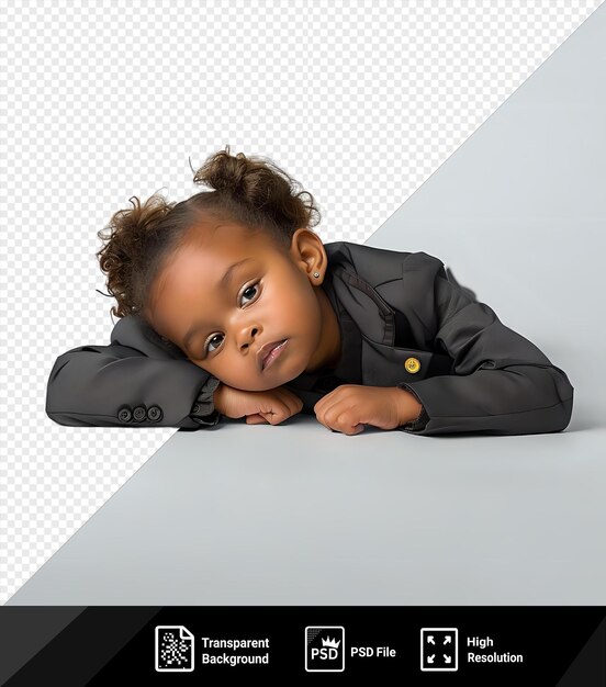 PSD transparent background with isolated a guilty preschooler girl with wavy hair from the african ethnicity dressed in appraiser attire poses in a lying down with head propped up style png psd