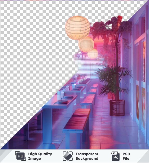 PSD transparent background with isolated gyudonic lights and lanterns hanging from the ceiling featuring a long table wood bench and green plant on a tiled floor