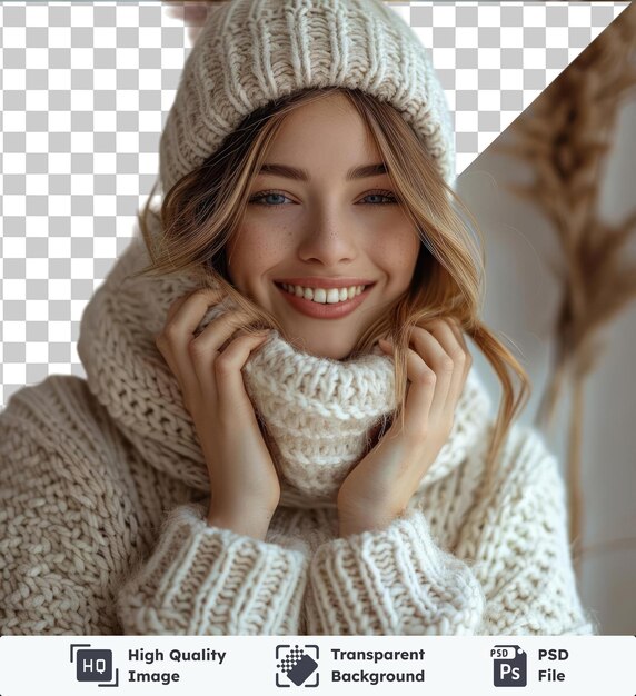 PSD transparent background with isolated happy woman in warm white knitted clothes smiling isolated on isolated background