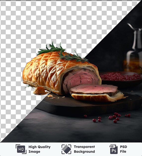 PSD transparent background with isolated hearty beef wellington on a cutting board