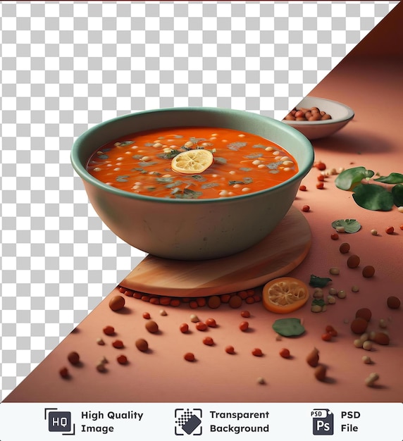 Transparent background with isolated hearty lentil soup in a white bowl accompanied by sliced oranges and a small spoon set against a red and orange wall