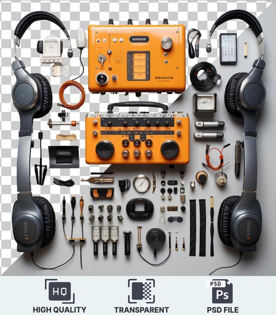 PSD transparent background with isolated high end audio recording equipment set featuring black headphones a yellow and orange camera and a black cord