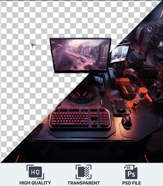 PSD Прозрачный фон с изолированным высококлассным пользовательским компьютерным игровым оборудованием, установленным на столе