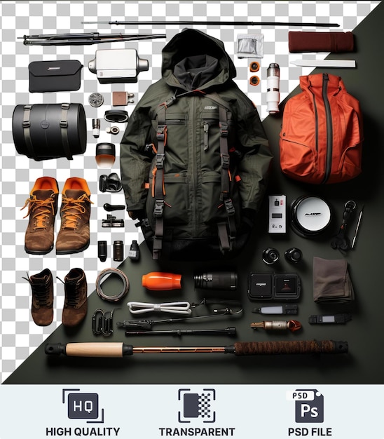 PSD transparent background with isolated high end fishing and outdoor gear set featuring a black camera brown shoe black and gray backpack and black pen