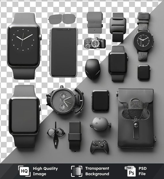 PSD transparent background with isolated high tech fitness and tracking gadgets set up on a transparent background featuring a black watch silver and black watch and a white and black clock