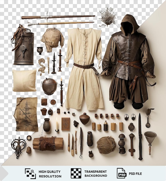 PSD transparent background with isolated historical reenactment costume and accessories set against a white wall featuring a brown belt