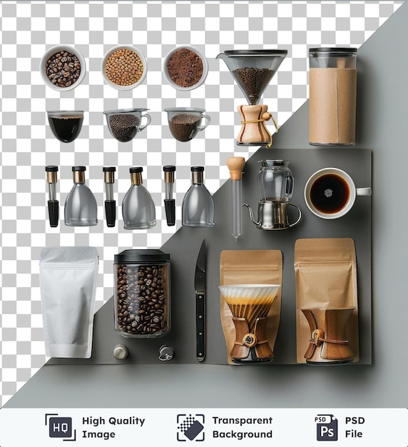 PSD transparent background with isolated home brewing coffee kit set featuring a white cup black knife and various glass and clear bottles against a white wall