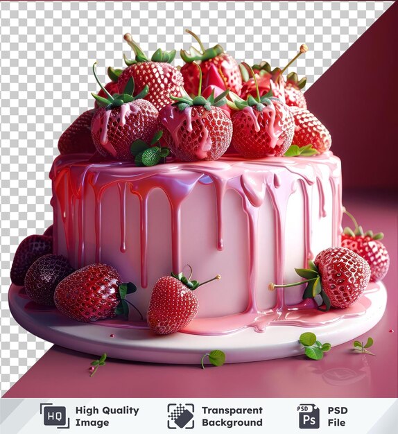 PSD transparent background with isolated homemade cake topped with fresh strawberries mockup on a