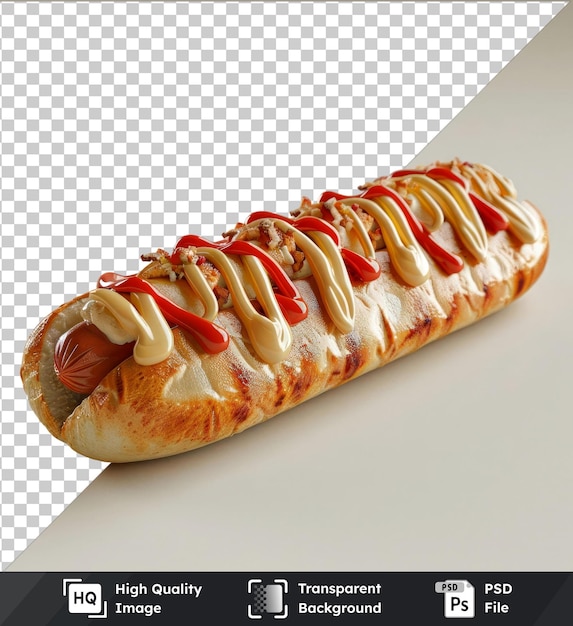 PSD transparent background with isolated hot dog mockup with mayonnaise and ketchup on a bun