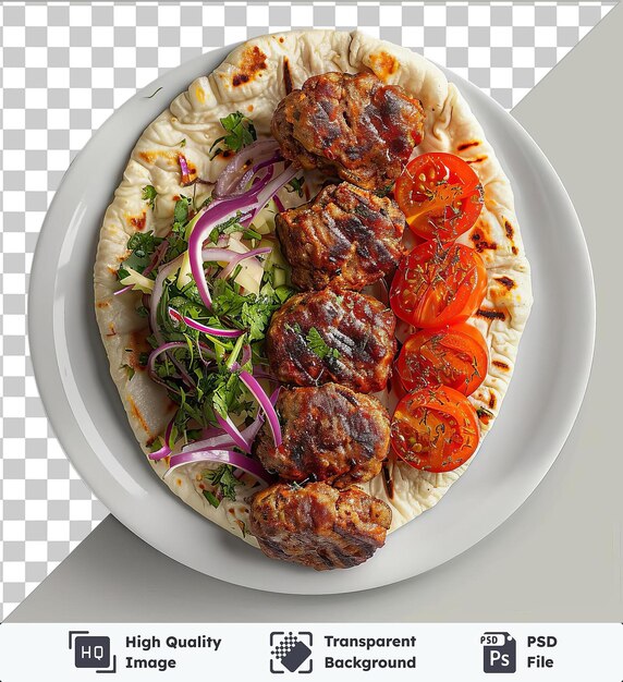 PSD transparent background with isolated iskender kebap with meat and vegetables on a white plate