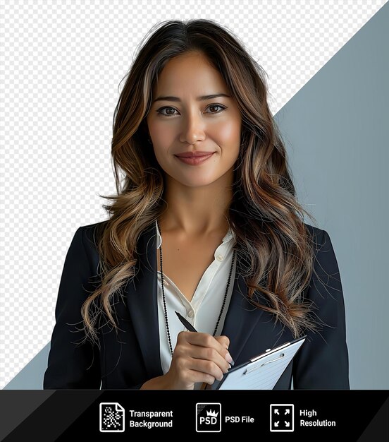 PSD transparent background with isolated isolated studio shot of a latina businesswoman taking notes on a notepad while standing in front of a blue wall she has long brown hair a smiling face and png psd