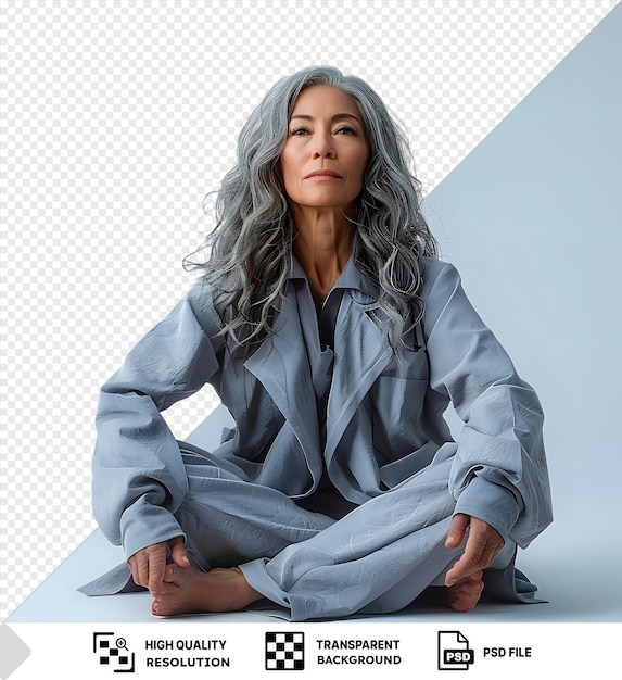 PSD transparent background with isolated a jubilant senior woman with wavy hair from the hispanic ethnicity dressed in pharmacist attire poses in a graceful floor seating style png