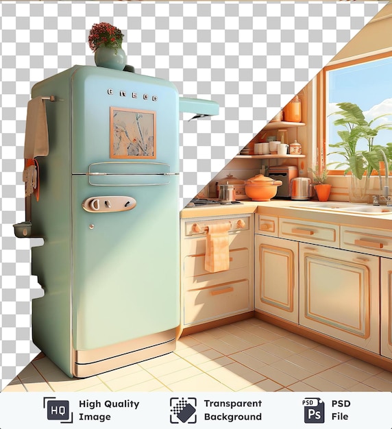 Transparent background with isolated kitchen artwork featuring a large window white countertop tiled floor orange pot wood and white shelf white and blue refrigerator and orange bowl