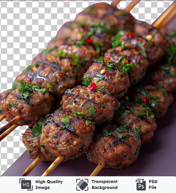 PSD transparent background with isolated kofte of meat on skewers on a purple surface