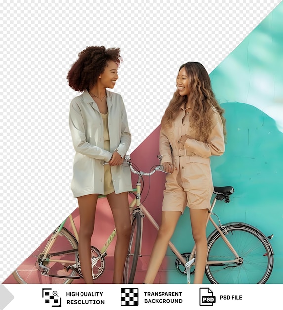 PSD sfondo trasparente con stile di vita isolato due donne in piedi accanto a una bicicletta png psd