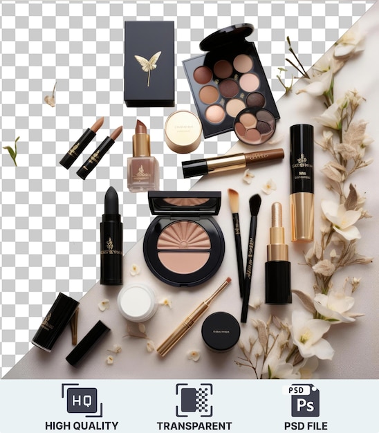 PSD transparent background with isolated luxury bridal makeup and beauty products set featuring a black pen transparent background and white flower
