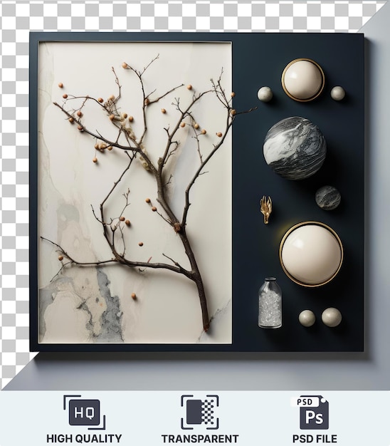 Transparent background with isolated luxury fine art collection set featuring a silver ball and a white wall