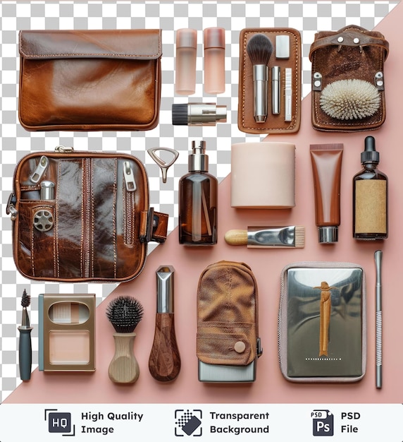 PSD transparent background with isolated luxury men39s grooming kit set featuring a black brush brown leather wallet and silver pen