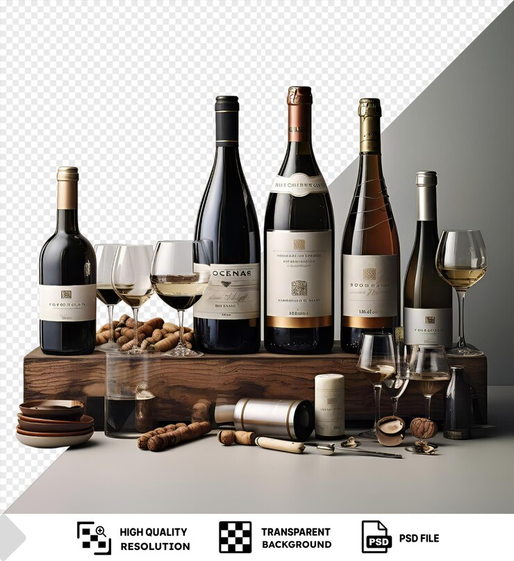PSD transparent background with isolated luxury vintage wine collection set against a white wall featuring a variety of wines in clear and wine glasses including a red wine a white wine and a wine and