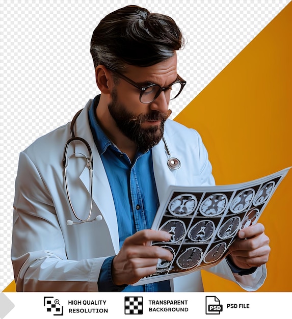 PSD transparent background with isolated male doctor scrutinizing the mri results png