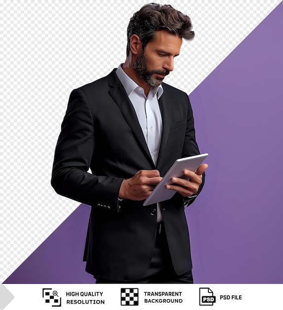 Transparent background with isolated man in black suit walking and holding a tablet in hands png