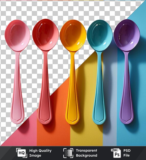 PSD transparent background with isolated measuring spoons a blue spoon a yellow spoon and a silver spoon