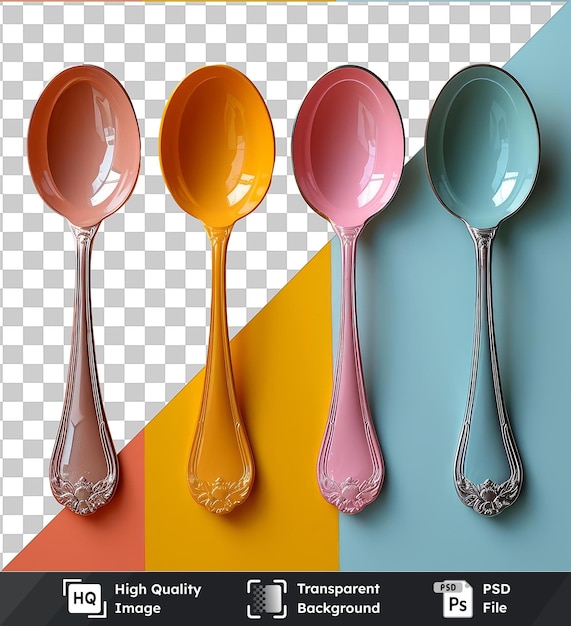 PSD transparent background with isolated measuring spoons a silver spoon a pink spoon and a silver and metal spoon