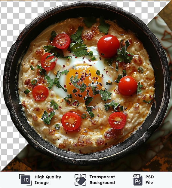 PSD transparent background with isolated menemen cheese and tomatoes on a plate