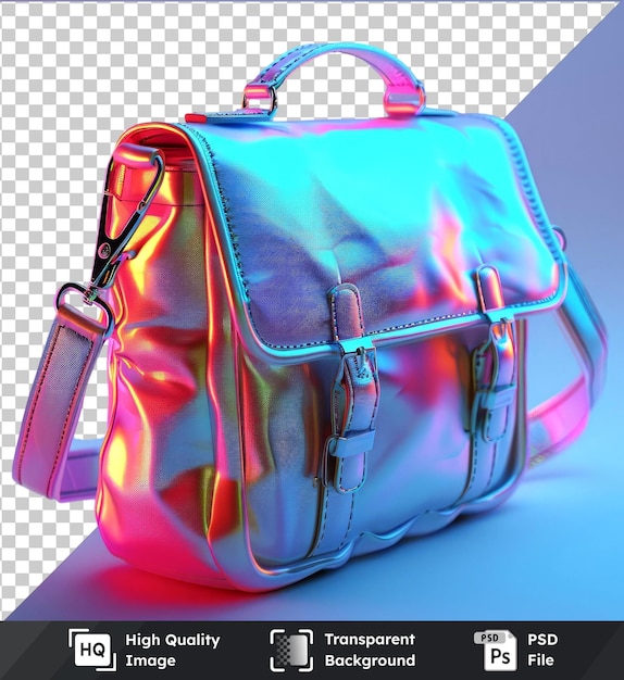 PSD transparent background with isolated messenger bag on a blue table featuring a pink handle