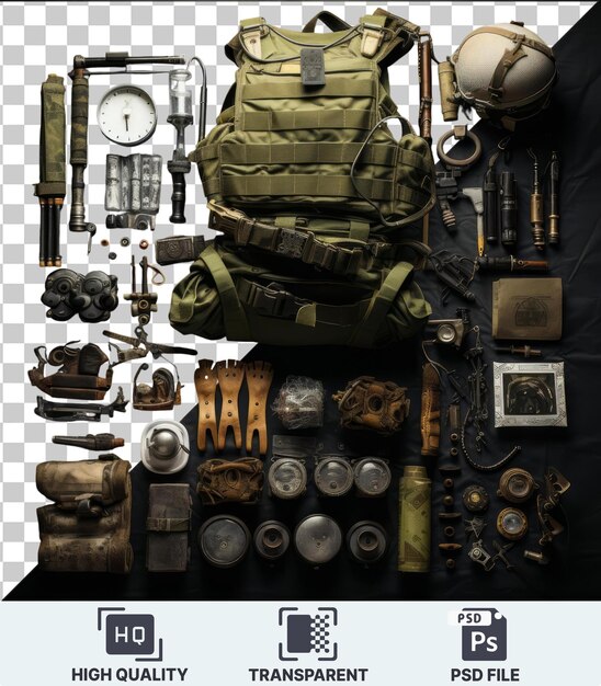 PSD transparent background with isolated military memorabilia and artifacts set featuring a black gun green bag and silver watch