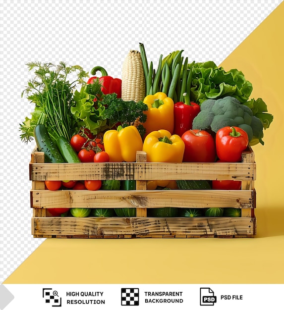 PSD 透明な背景は赤と黄色の胡<unk>を含む新鮮な野菜で満たされた木製の箱の孤立したモックアップで緑のブロッコリーと背景の黄色い壁 png psd