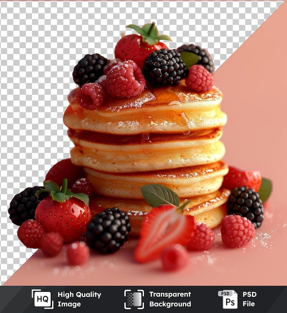 PSD transparent background with isolated mockup of pancakes and fruits including blackberries