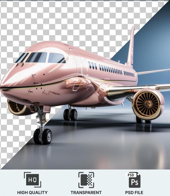 PSD transparent background with isolated model of a pink airplane featuring black wheels small windows and a silver wing against a blue sky