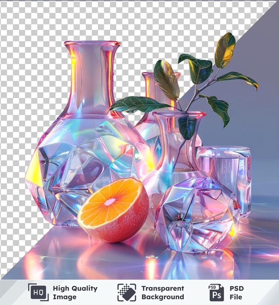PSD 透明な背景で ガラスの花瓶に 離れたネクタリンとオレンジ