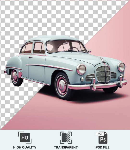 Transparent background with isolated old car featuring black tires silver grill and round headlight set against a pink sky with glass windows and a black shadow