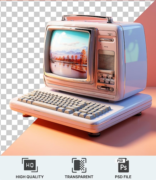 PSD ピンクとオレンジの壁に反対して白いテーブルに隔離された古いテレビと銀のキーボードの透明な背景