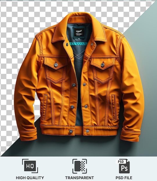 Sfondo trasparente con isolato una giacca arancione e una camicia blu contro una parete blu con un pulsante nero visibile in primo piano