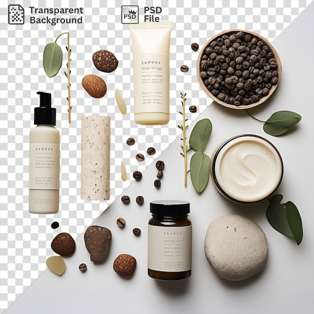 PSD transparent background with isolated organic skincare products set featuring a black bottle white and black bottle brown bowl and green leaf on a transparent background