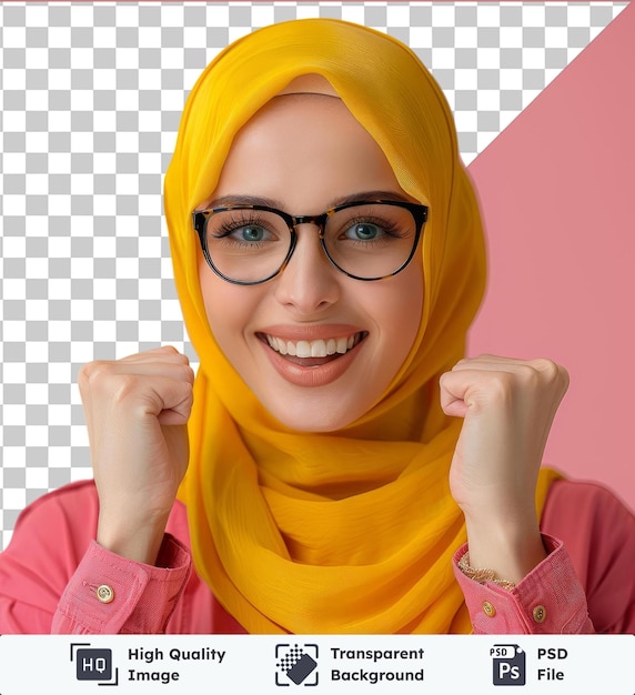 PSD transparent background with isolated photo of ecstatic lady shout loud yeah fist up raise win lottery isolated bright shine color of the image
