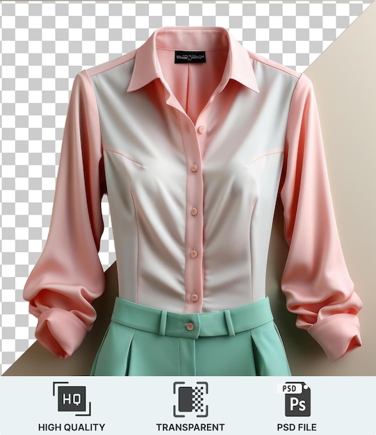 PSD transparent background with isolated a pink shirt and green skirt featuring a white button