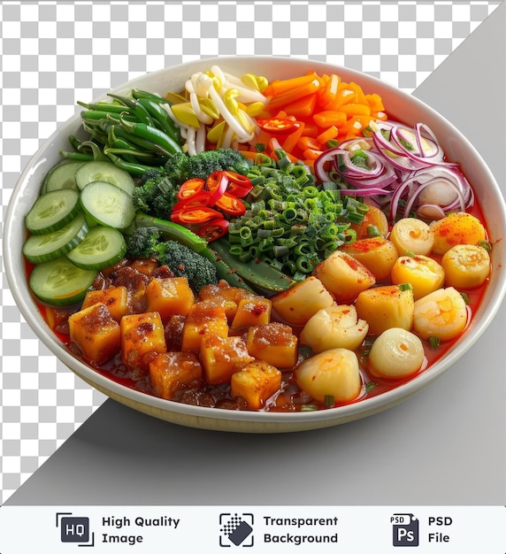 PSD transparent background with isolated plate of lontong sayur for eid al fitr featuring a variety of colorful vegetables including sliced cucumbers red and purple onions and a