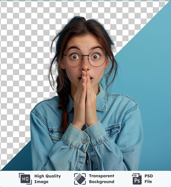 PSD transparent background with isolated portrait of a girl student in glasses dressed in a fashionable denim shirt worries about something nervous bites her nails waiting for the exam results