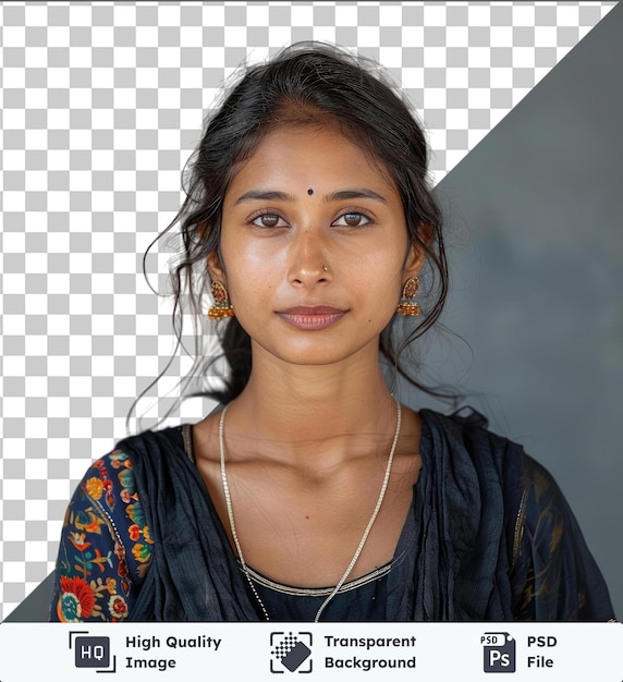 PSD sfondo trasparente con ritratto isolato di una donna indiana che indossa un vestito nero e una collana d'argento che mostra le sue caratteristiche sorprendenti tra cui occhi marroni sopracciglia e capelli