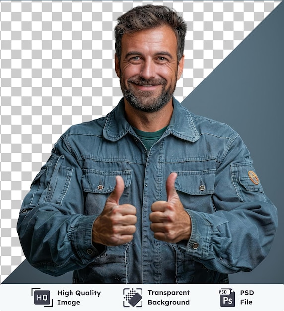 PSD transparent background with isolated portrait of male mechanic with blank placard gesturing thumbs up featuring a blue man with a black beard brown hair and large nose wearing a blue jacket and