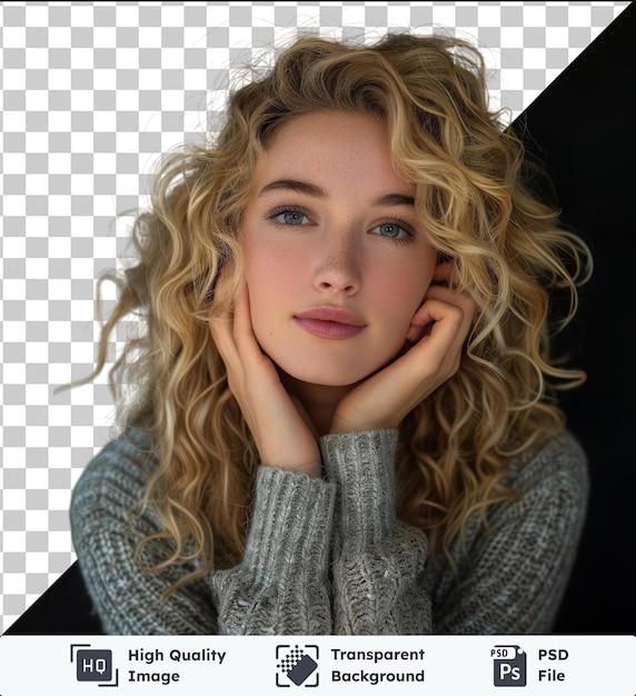 PSD transparent background with isolated pretty young blond woman with curly hair touching her cheek and looking to the left isolated on black background