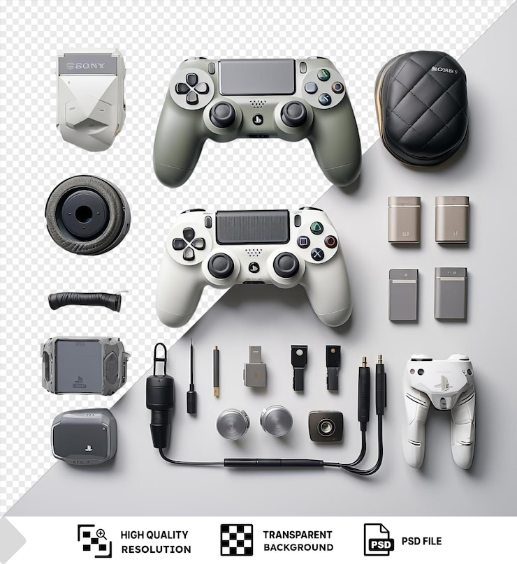 PSD transparent background with isolated professional gaming gear set on transparent background featuring a gray and silver camera a white controller and a silver and gray camera