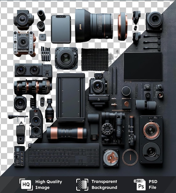 PSD 透明な背景と隔離されたプロフェッショナルグレードのフィルム編集機器セットで,銀色のカメラ,グレーと黒のキーボード,黒の カメラが特徴です.