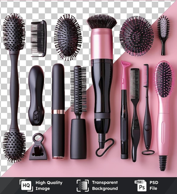 PSD transparent background with isolated professional hair styling tools set including black combs brushes and a pink wall in the background