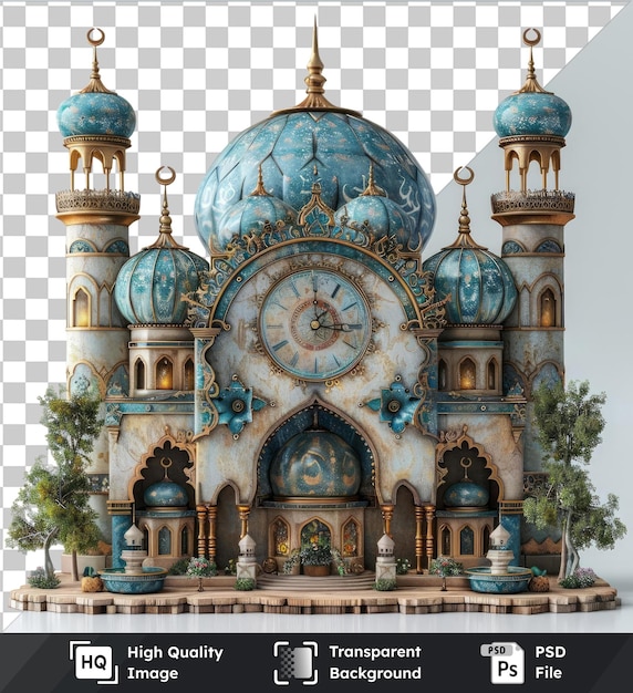 PSD transparent background with isolated ramadan fasting calendar featuring a blue building large clock and green tree